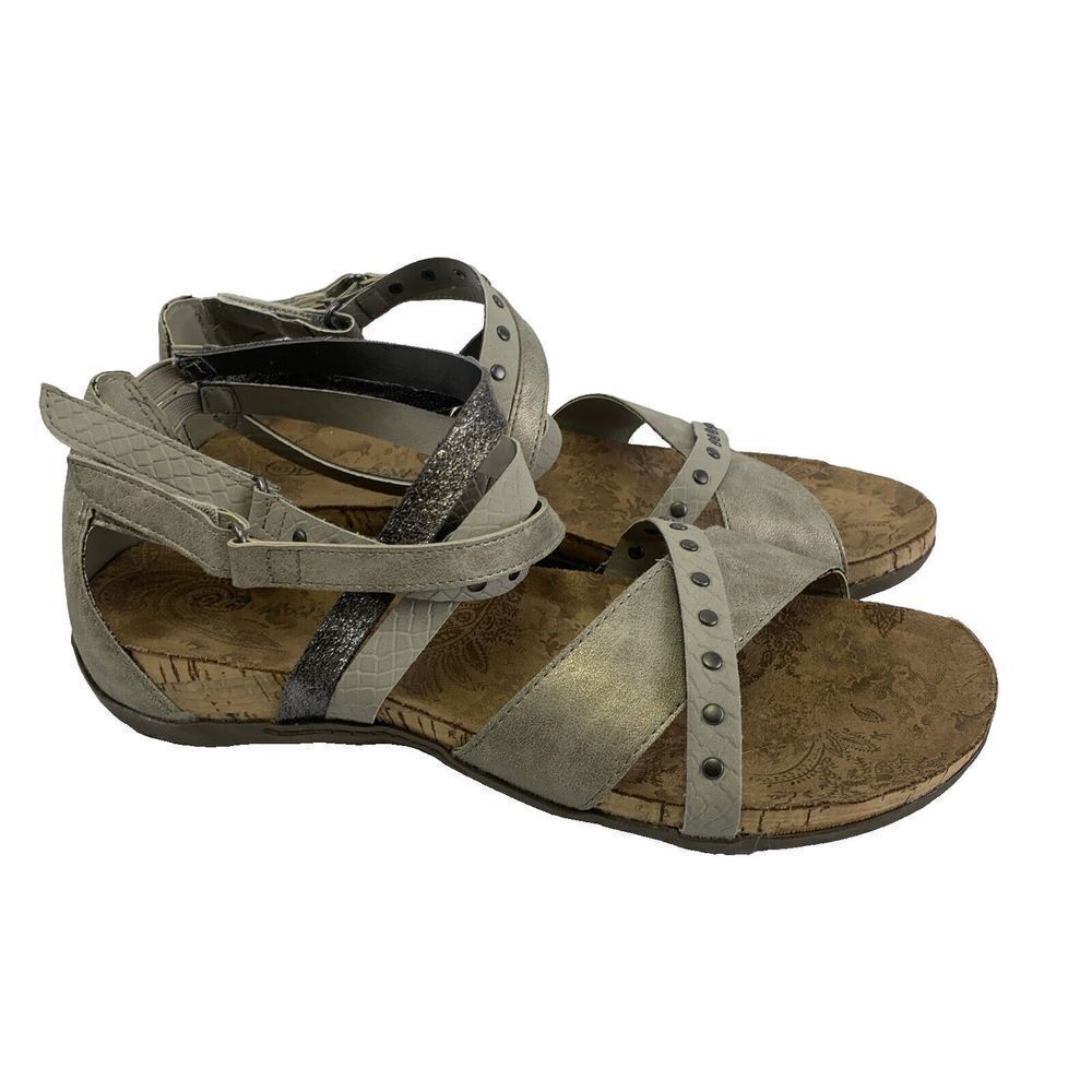 Bearpaw Juliana II Strappy Sandal Flat Adjustable Studded Pewter Women Size 9